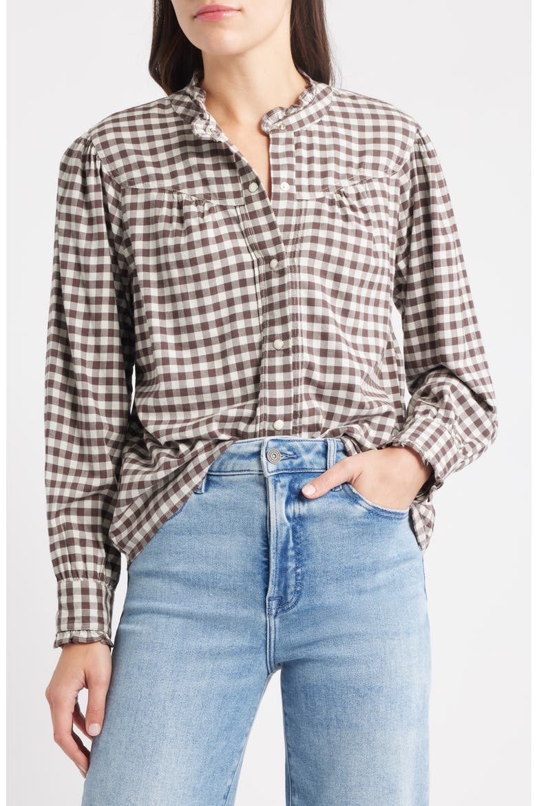 Alanna Ruffle Gingham Snap-Up Shirt, Main, color, CHOCOLATE CHIP