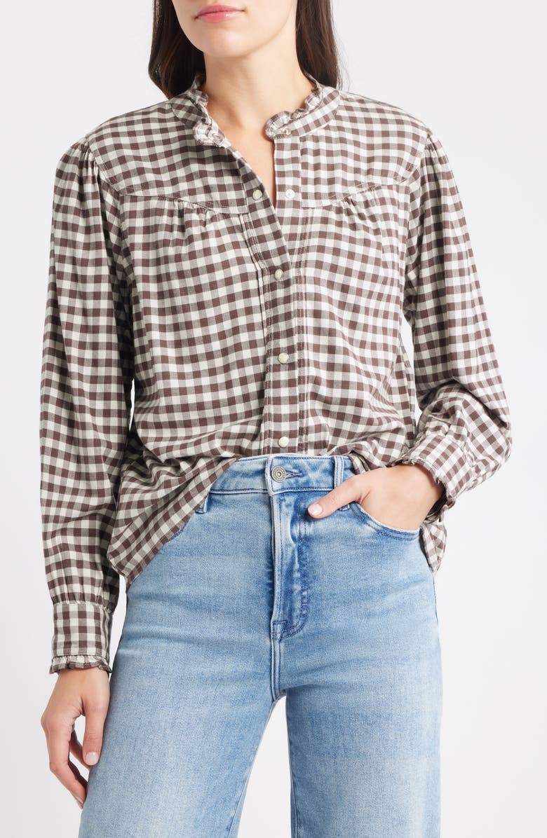 Rails Alanna Ruffle Gingham Snap-Up Shirt, Main, color, Chocolate Chip