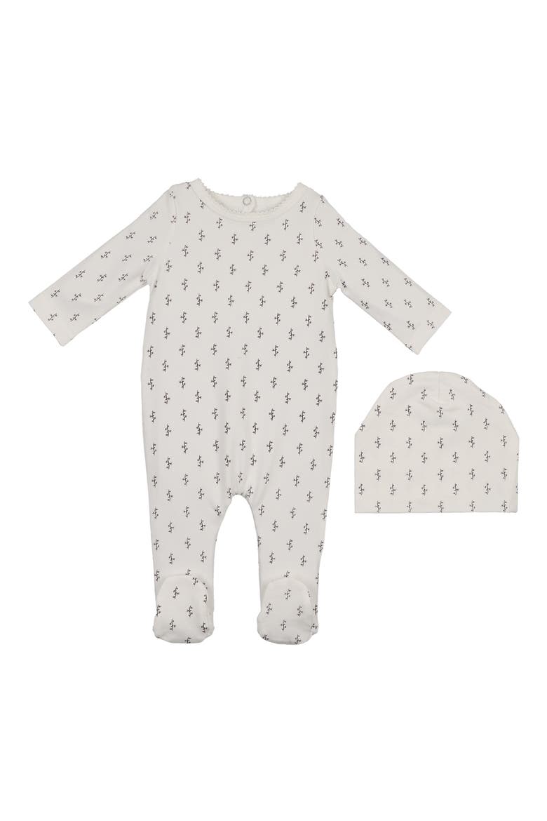 Floral Print Cotton Blend Footie & Beanie Set, Main, color, OFF WHITE