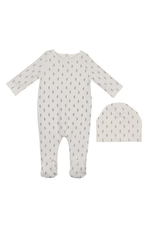 Floral Print Cotton Blend Footie & Beanie Set (Baby)