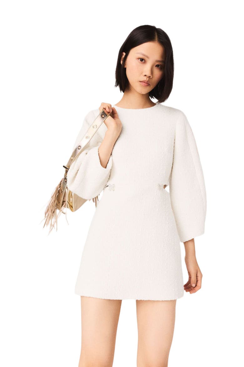 Short balloon-sleeve tweed dress, Alternate, color, Ecru
