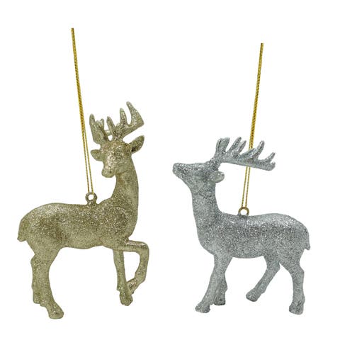 Glitter Gold Silver Reindeer Ornament Set of 2 Christmas Decor