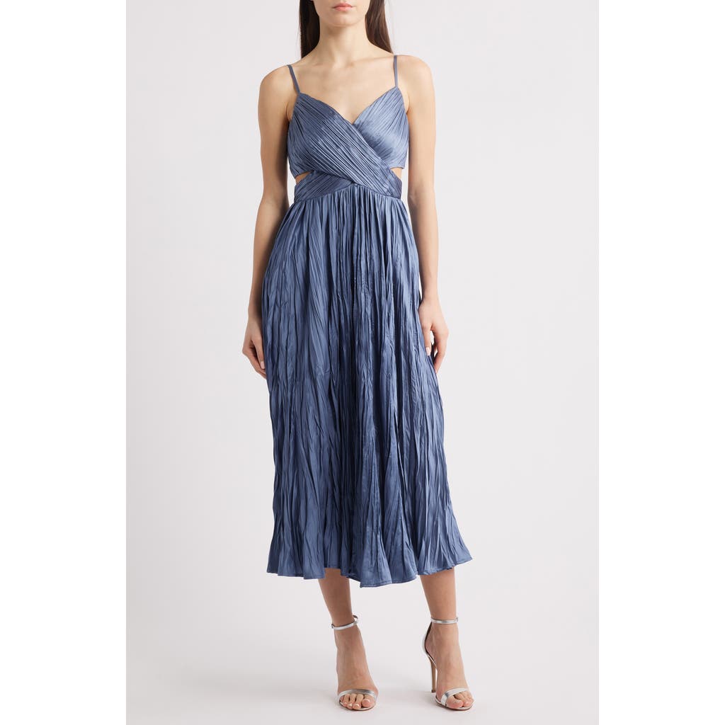 Lulus Margot Gathered Satin Midi Cocktail Dress In Slate Blue