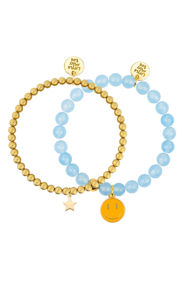 Little Miss Zoe Smiley Gemstone and Delicate Gold Bracelet Set, Main, color, Blue