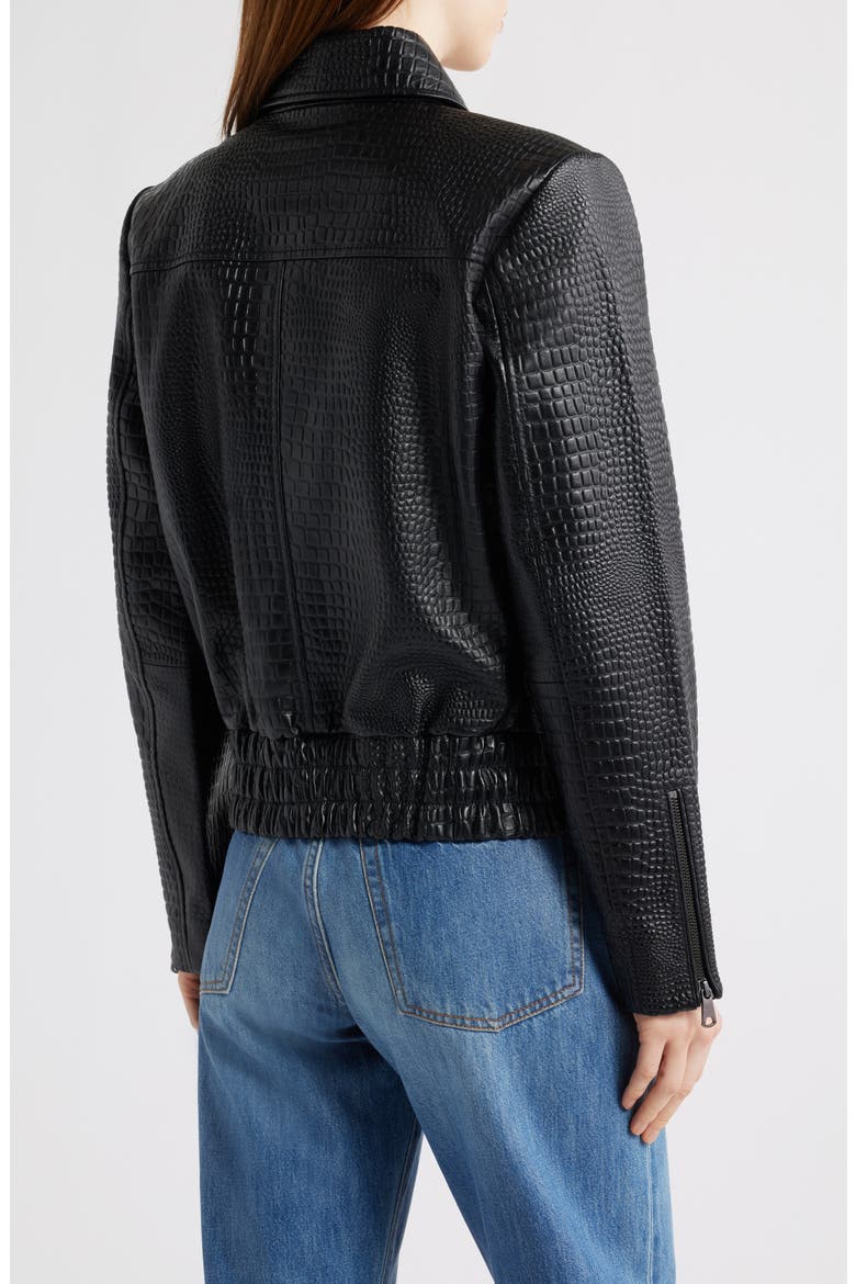 Short Croc-Embossed Leather Jacket, Alternate, color, BLACK