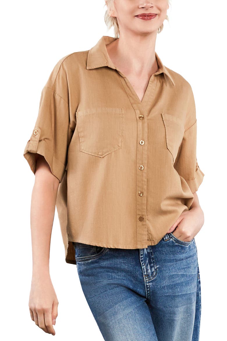 Emma Boxy Roll Tab Shirt, Alternate, color, TOFFEE