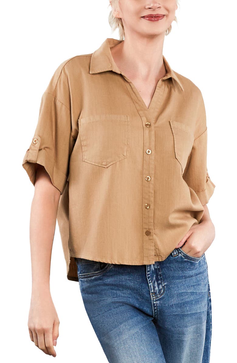 HINT OF BLU Emma Boxy Roll Tab Shirt, Alternate, color, Toffee