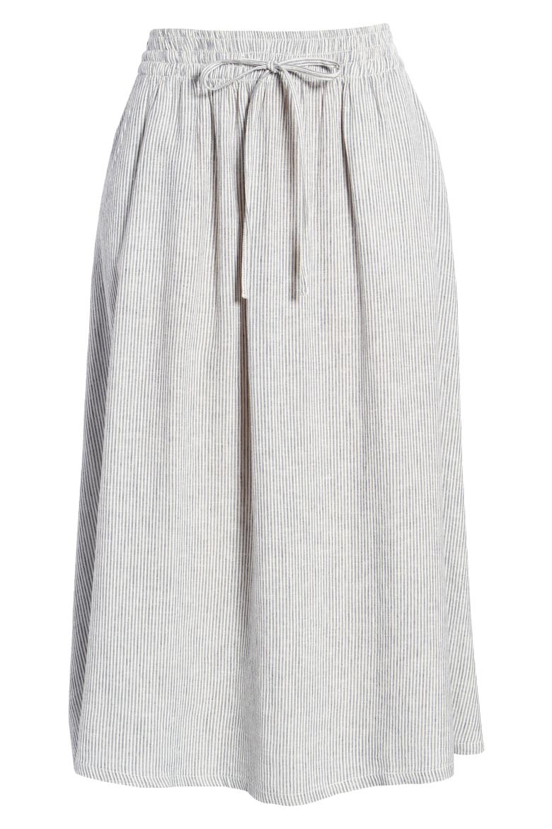 Tie Waist Linen Blend Midi Skirt, Alternate, color, BLUE VINTAGE LEAH STRIPE
