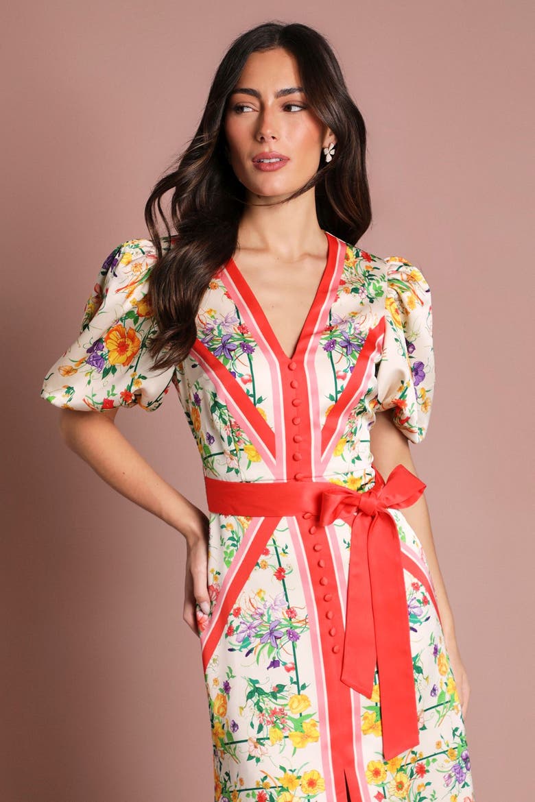 Satin Scarf Print V-Neck Midi Dress, Alternate, color, Ivory