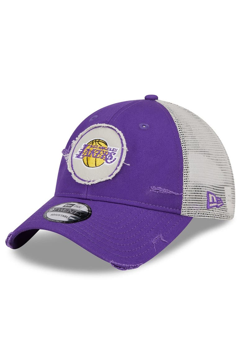Men's New Era Purple Los Angeles Lakers  Rally Drive Distressed Patch 9TWENTY Trucker Adjustable Hat, Main, color, Purple
