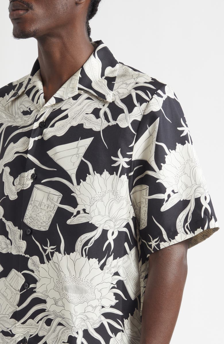 AMIRI Floral Silk Bowling Shirt, Alternate, color, Black