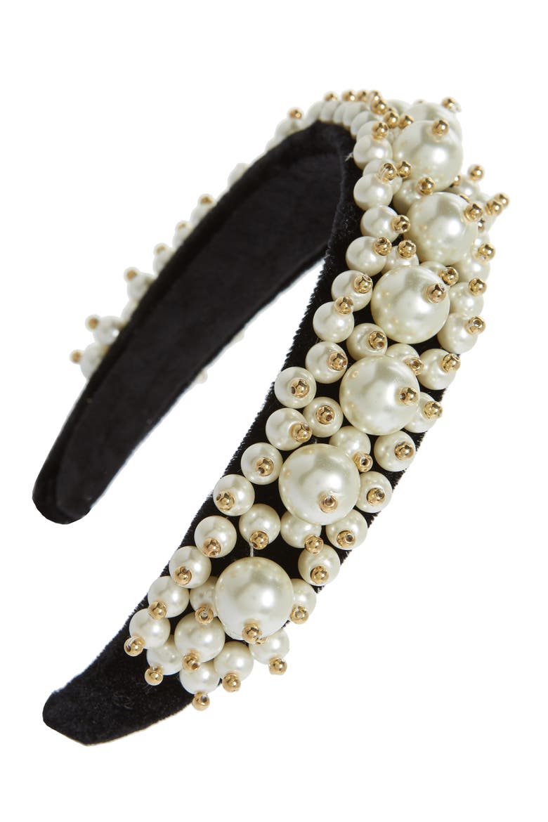 Imitation Pearl Cluster Headband, Main, color, BLACK