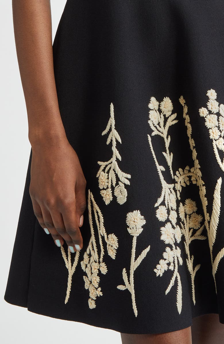 Lela Rose Penelope Floral Raffia Embroidered Knit Fit & Flare Dress, Alternate, color, Black