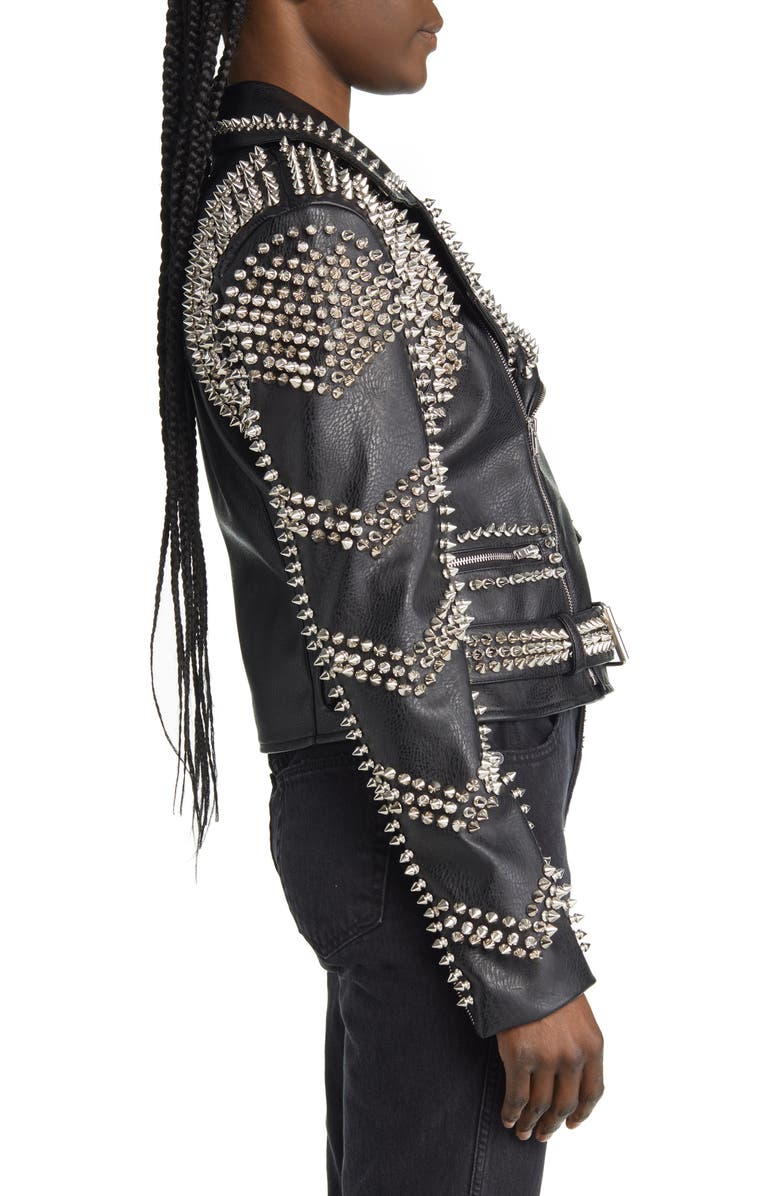 AZALEA WANG Spike Belted Faux Leather Moto Jacket, Alternate, color, Black