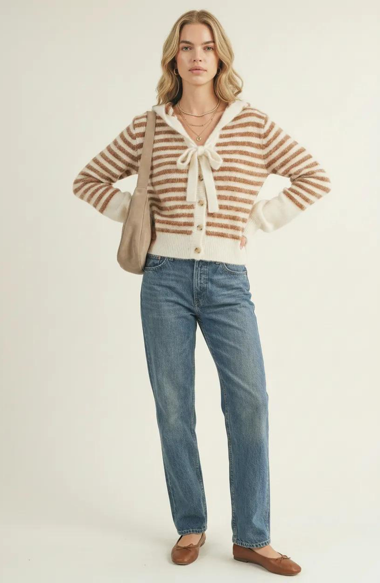 Modenaire Striped Button-Up Cardigan Hoodie with Ribbon Tie and Ribbed Hem, Alternate, color, Ivory / Brown Stripes