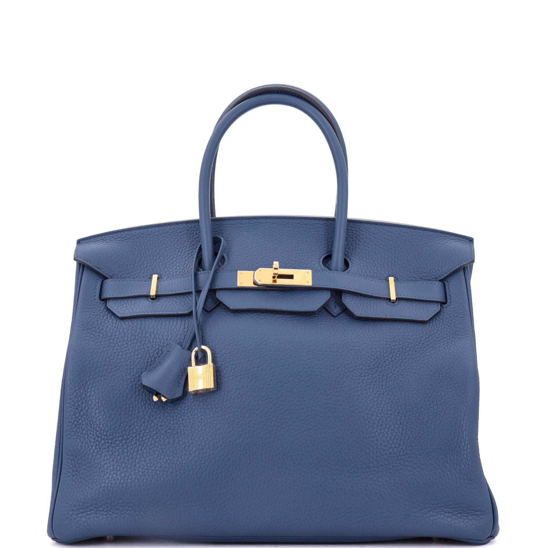Pre-Owned Hermes Birkin Handbag Blue Clemence with Gold Hardware 35, Main, color, 