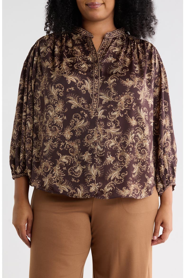 Print Half Placket Top, Main, color, CHOCOLATE PAISLEY TAILS