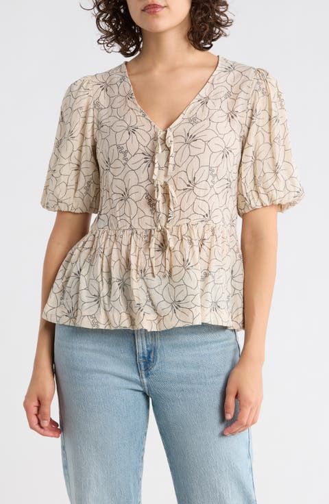 Print Tie Front Puff Sleeve Top
