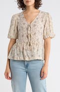 CHENAULT Print Tie Front Puff Sleeve Top