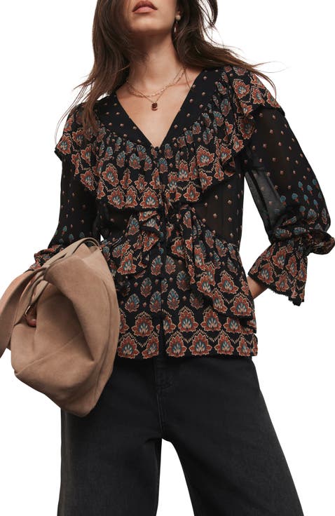 Retro Print Ruffle Blouse