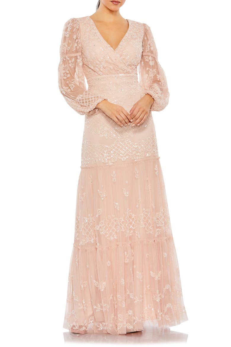 Sequined Tiered Wrap Over Puff Sleeve Gown, Main, color, BLUSH