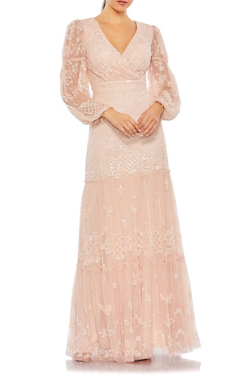 Sequined Tiered Wrap Over Puff Sleeve Gown