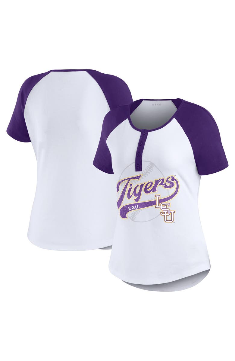 WEAR by Erin Andrews Women's WEAR by Erin Andrews White LSU Tigers Baseball Logo Raglan Henley T-Shirt, Main, color, 