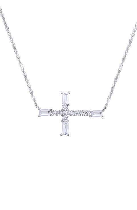 Cubic Zirconia Sideways Cross Necklace