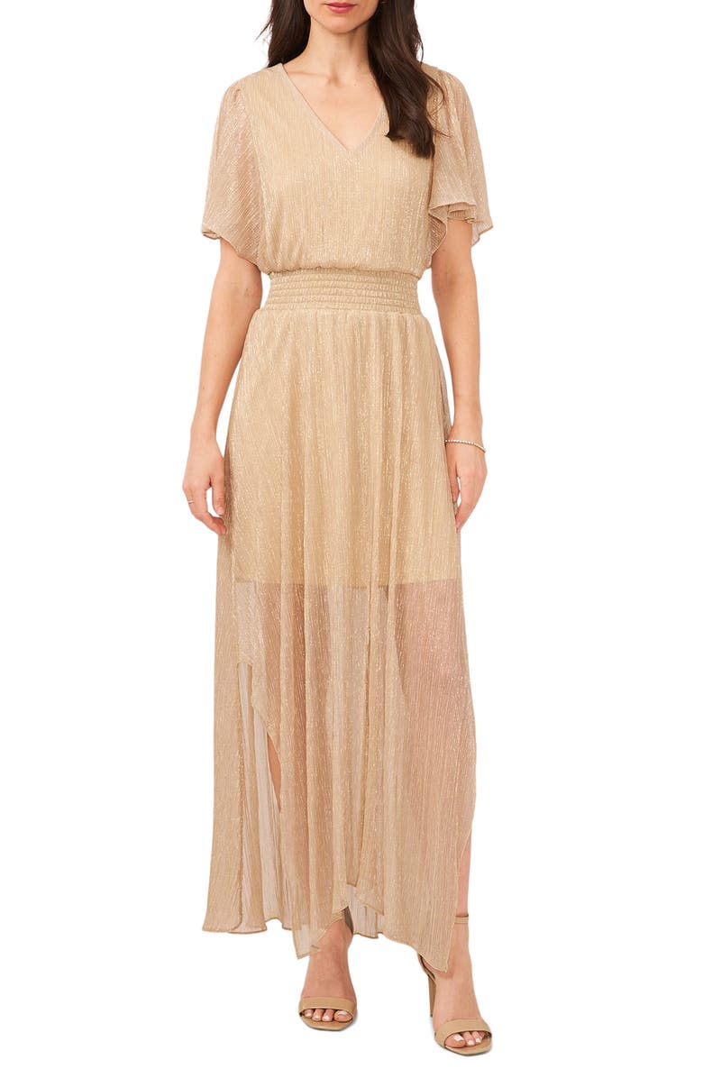 Chaus Metallic Flutter Sleeve Maxi Dress, Main, color, Gold