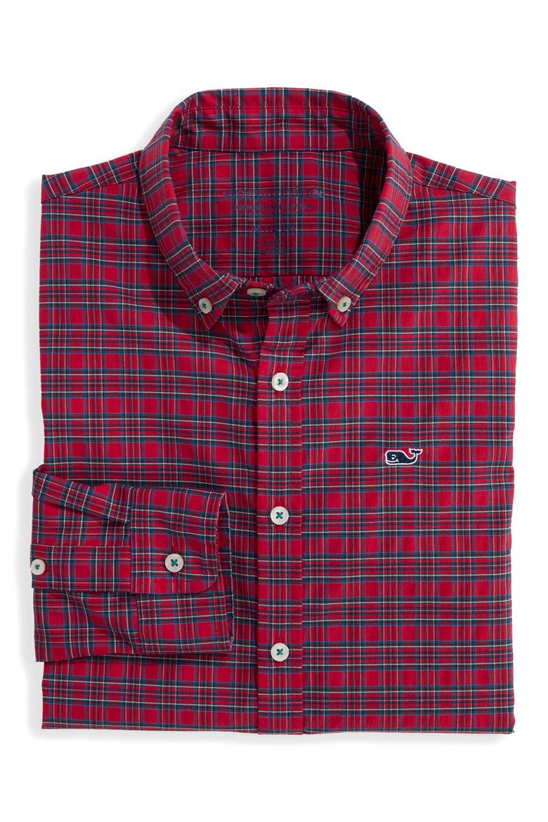 Kids' Skysail Gingham Performance Button Down Shirt, Main, color, RED VELVET