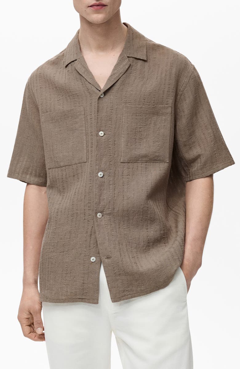 MANGO Textured Stripe Cotton & Linen Bowling Shirt, Main, color, 