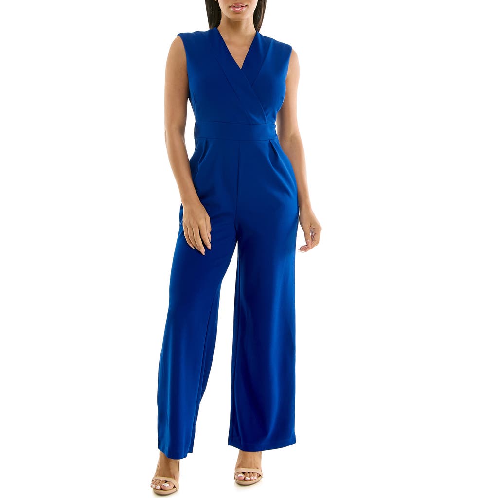 Nina Leonard Surplice V-neck Wide Leg Jumpsuit In Blue