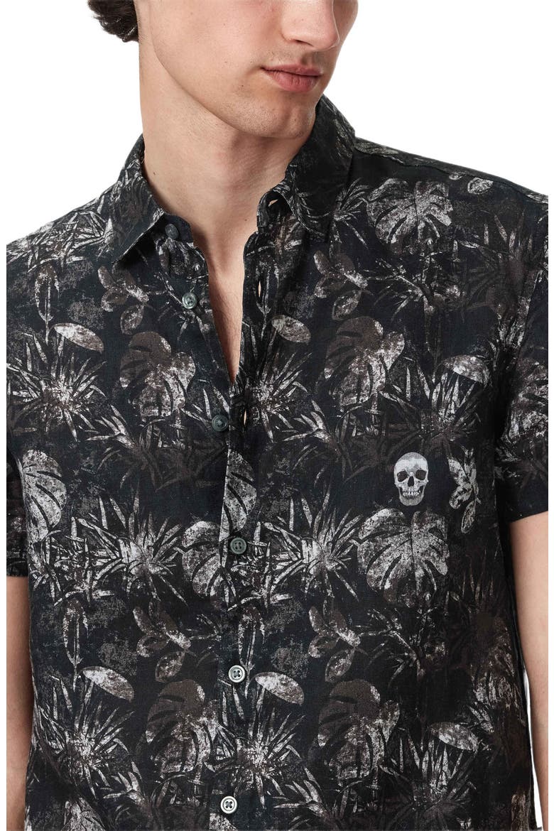 Sean Leaf Print Short Sleeve Linen Button-Up Shirt, Alternate, color, BLACK