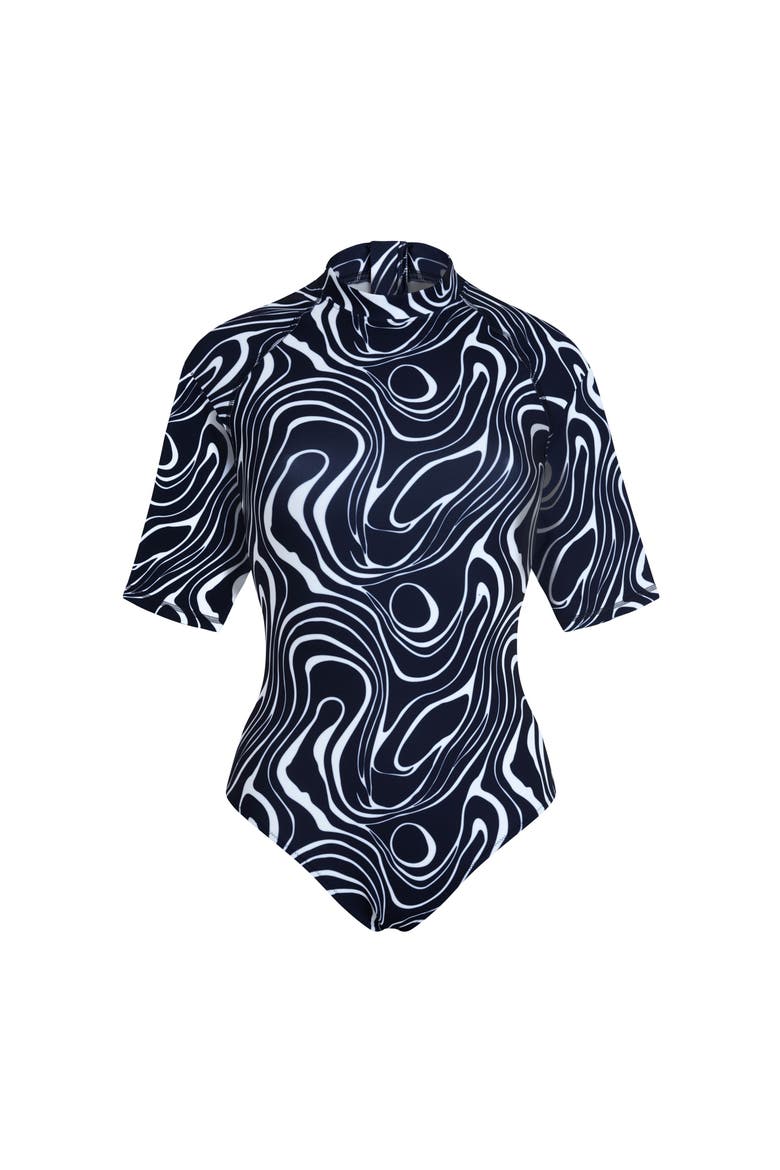 Women Short Sleeves UV Protection One-piece Rashguard Waves, Main, color, navy