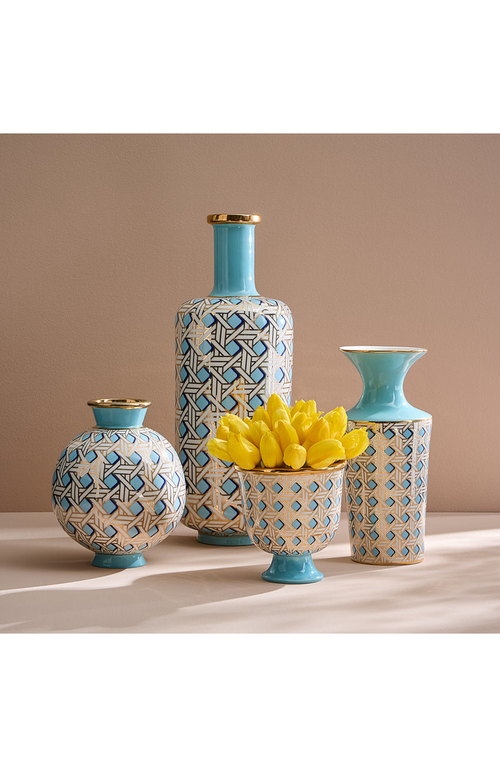 Jonathan Adler Basketweave Pedestal Decorative Bowl In White/light Teal/gold