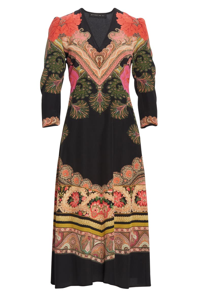 Print Silk Fit & Flare Midi Dress, Alternate, color, BLACK