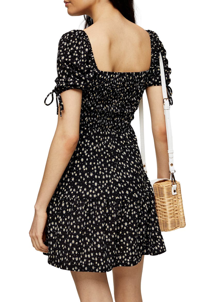 Shirred Tea Minidress, Alternate, color, BLACK MULTI