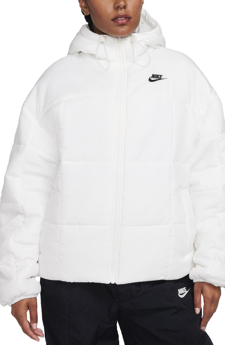 Nike Sportswear Classic Therma-FIT Hooded Water Repellent Puffer Jacket, Main, color, Sail/ Black