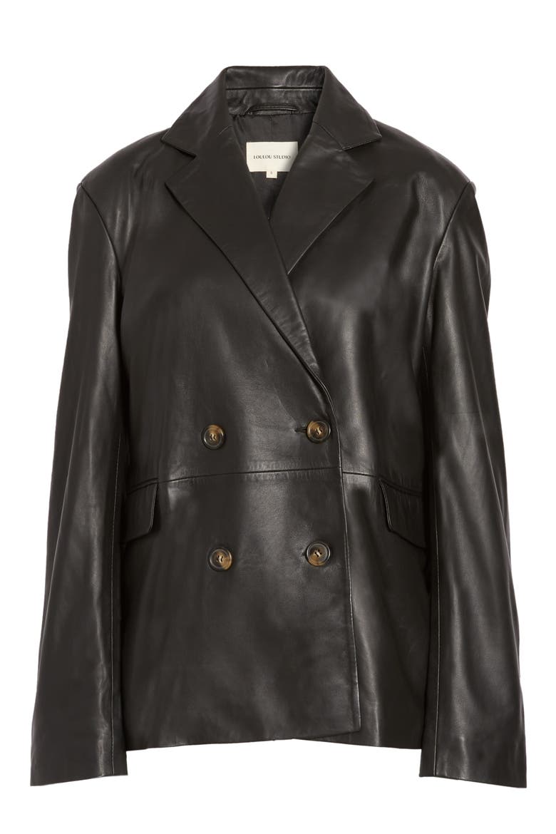 Loulou Studio Oversized Double Breasted Leather Blazer, Alternate, color, BLACK