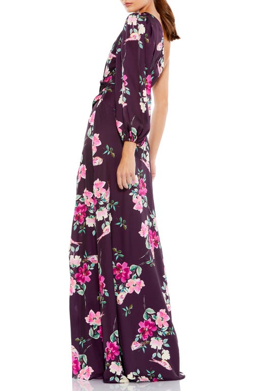 Mac Duggal Floral Print Single Sleeve Gown In Plum Floral