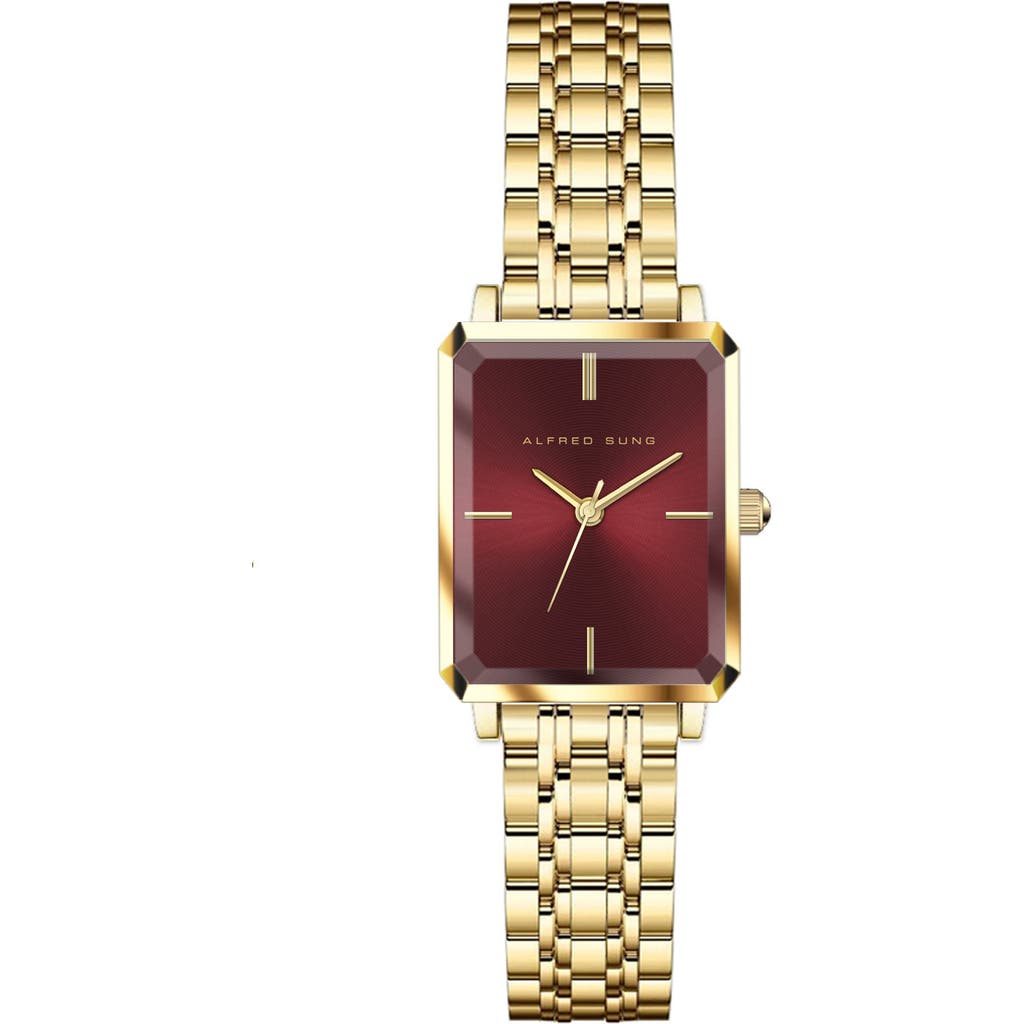 Alfred Sung Octavia Octagon Stainless Steel Bracelet Watch, 19.5mm X 24mm In Gold Bracelet Burgundy Dial
