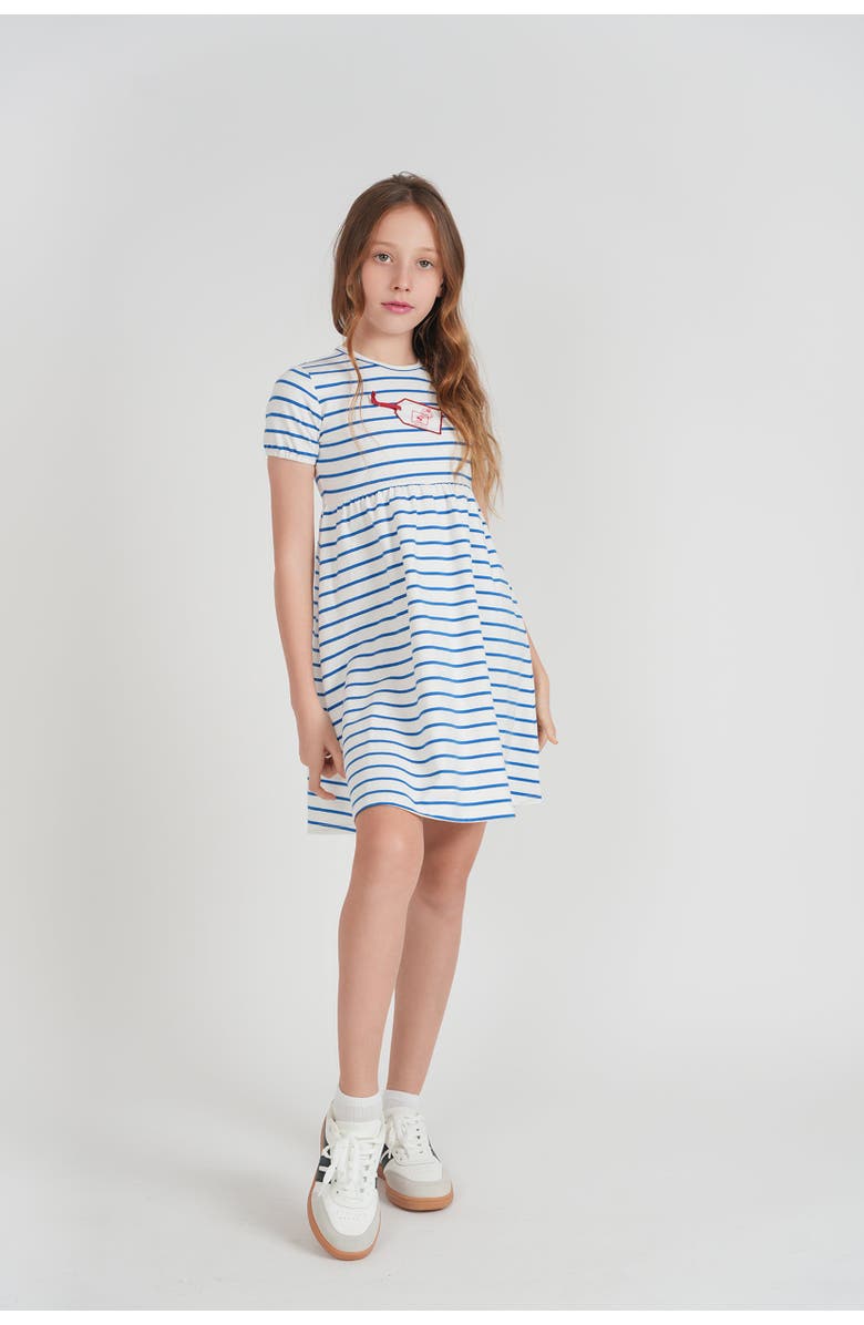 Jolie Capri Striped Tag Applique Stretch Cotton Gathered Waist Dress, Alternate, color, White/Blue/Red