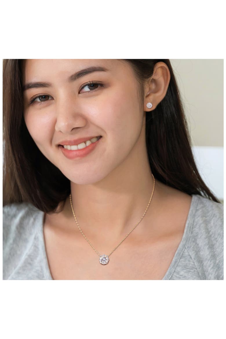 Lab Grown White Sapphire Round Halo Stud Earrings & Pendant Necklace Set, Alternate, color, GOLD