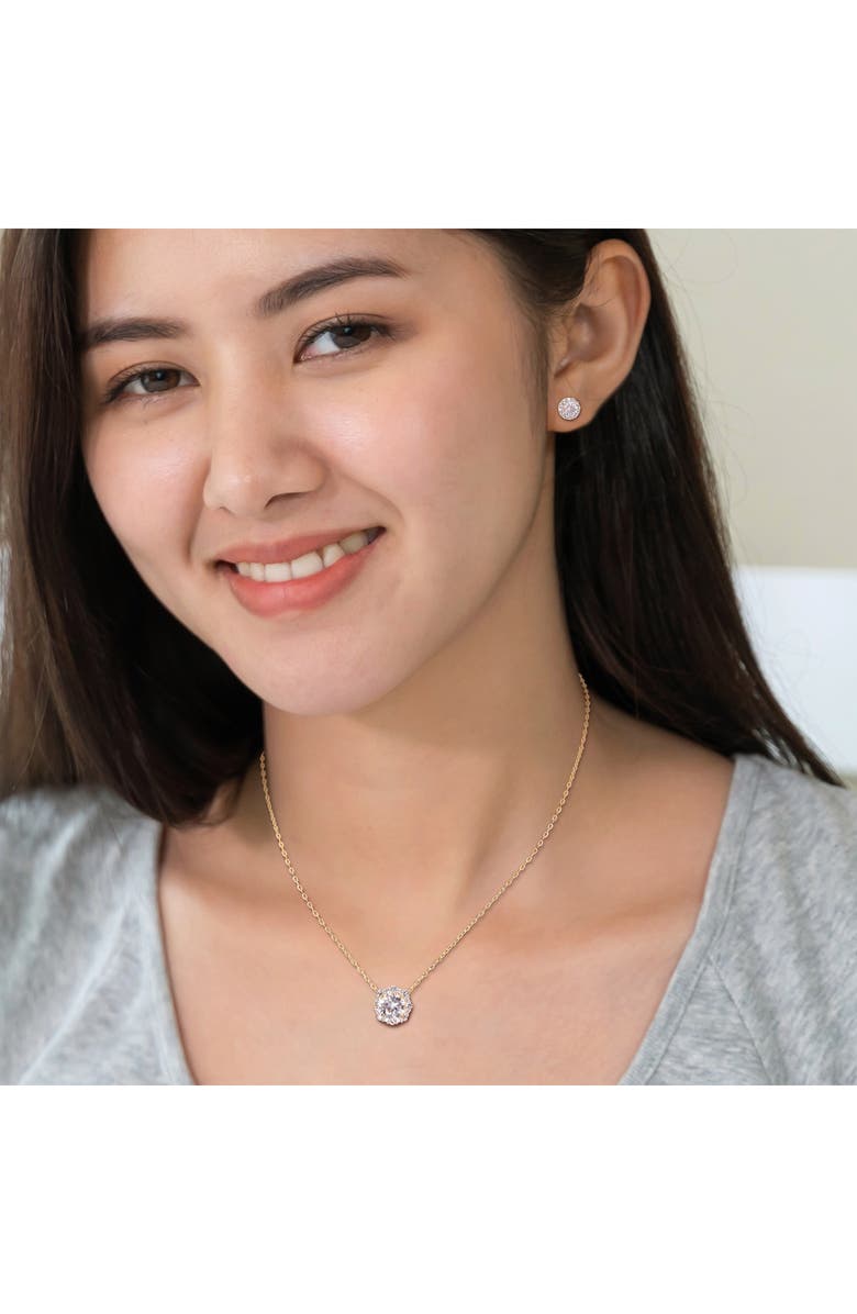DELMAR Lab Grown White Sapphire Round Halo Stud Earrings & Pendant Necklace Set, Alternate, color, Gold