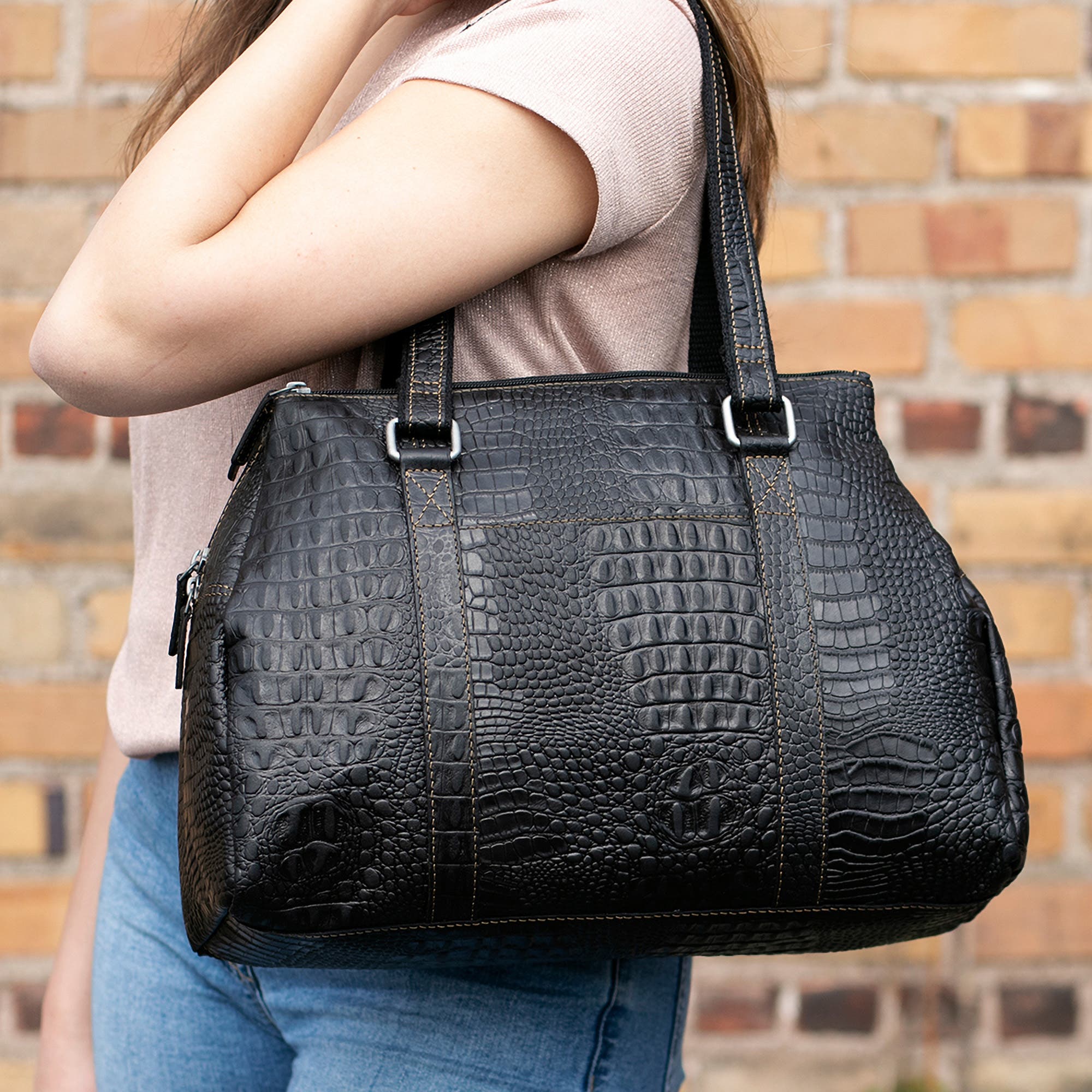 Hornback Croco Satchel Handbag, Alternate, color, Black