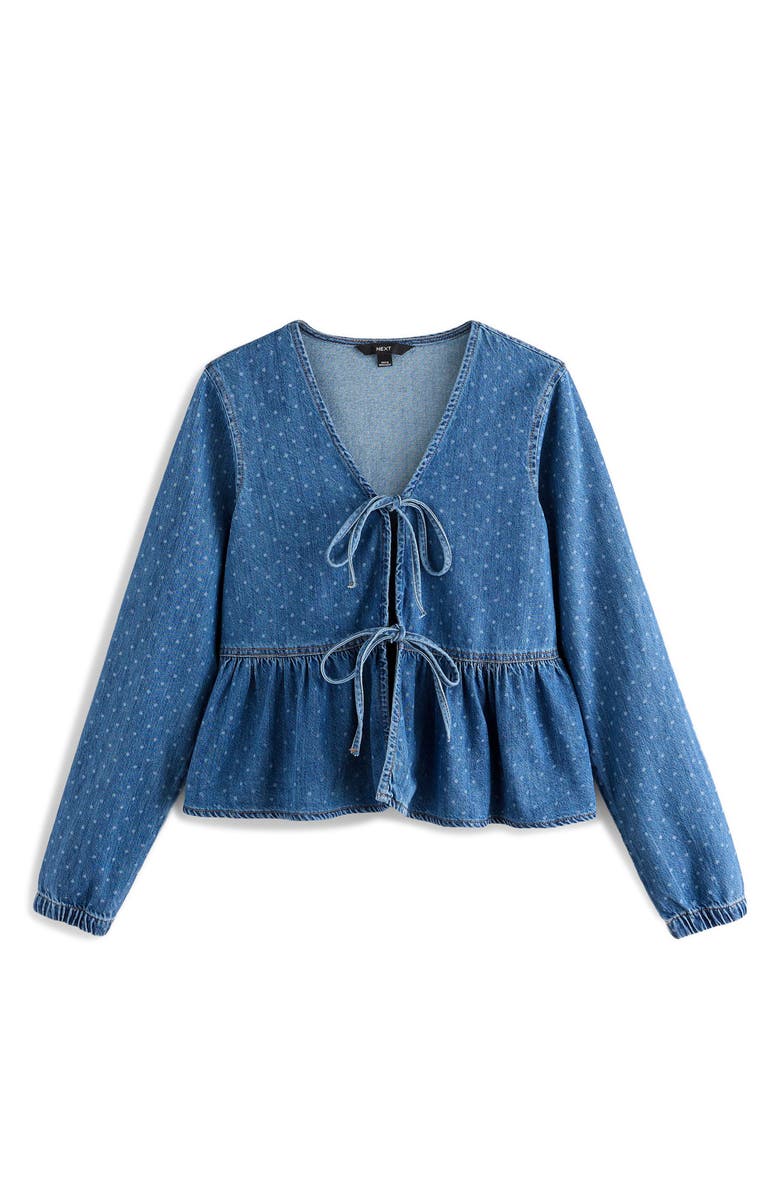 NEXT Polka Dot Tie Front Peplum Denim Top, Alternate, color,