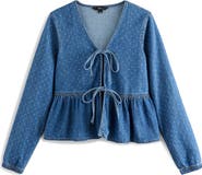 NEXT Polka Dot Tie Front Peplum Denim Top