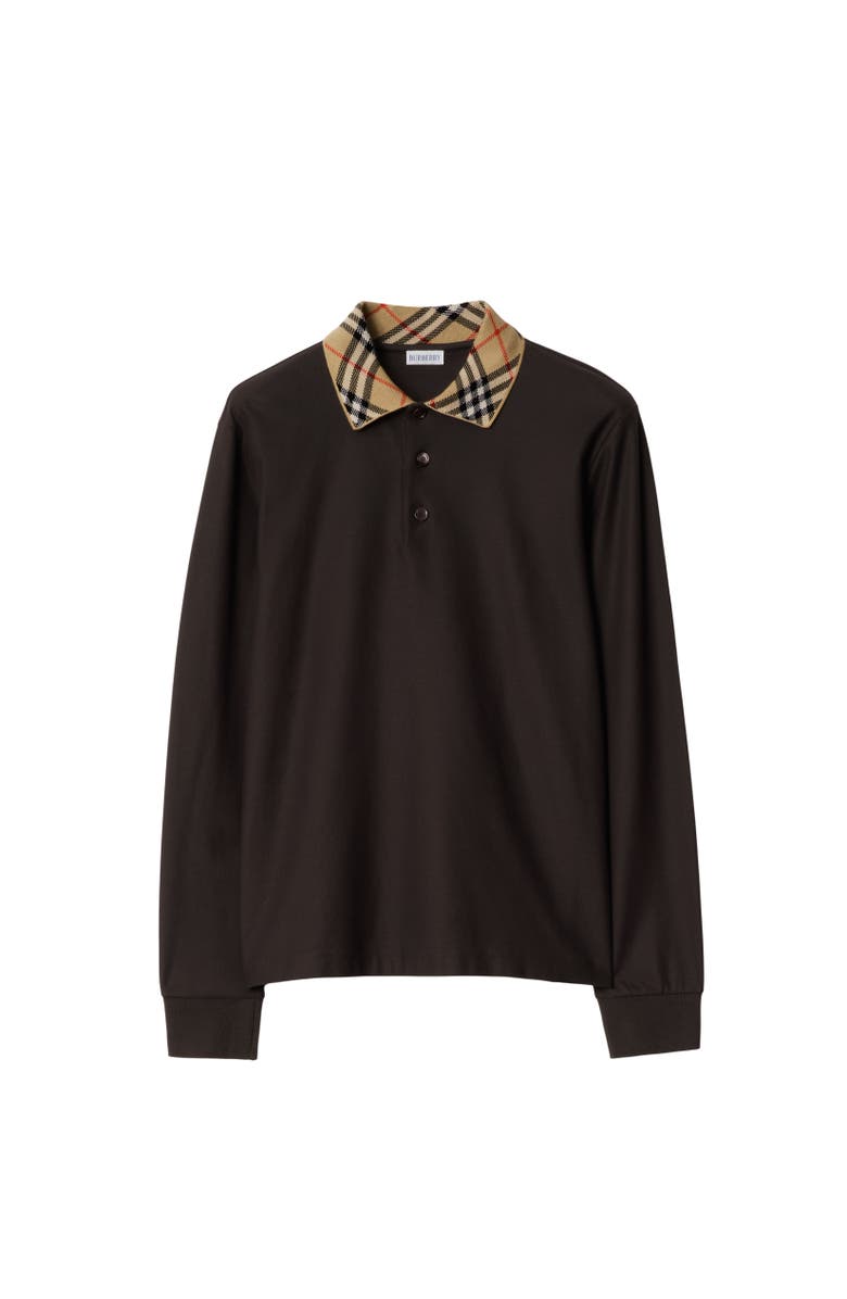 Burberry Long-sleeve Check Collar Cotton Polo Shirt, Alternate, color, Clove Brown