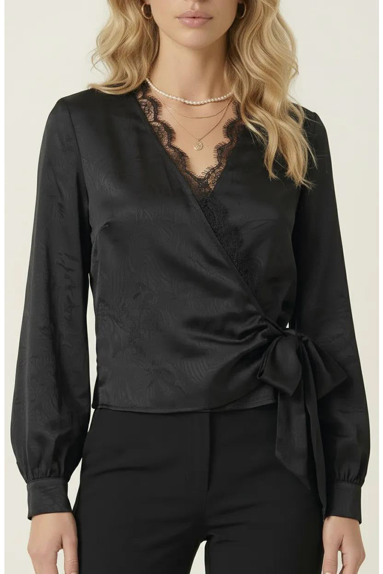 Lace Trim V-Neck Wrap Blouse, Main, color, Black