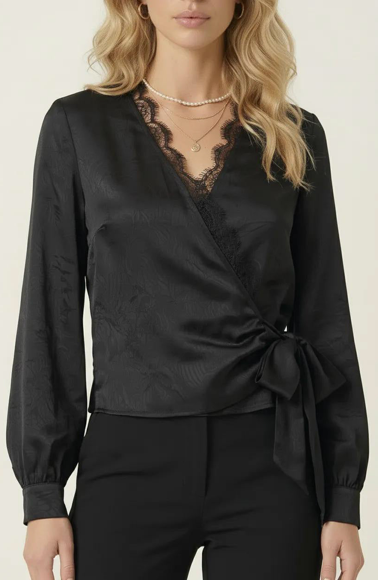 Modenaire Lace Trim V-Neck Wrap Blouse, Main, color, Black